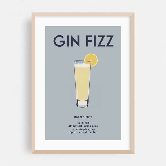 Gin Fizz - New Orleans Louisiana Illustration Cocktail Lemon Kitchen Decor Bar Fruit Typography Oak Framed Wall Art Print 5 x 7 inches