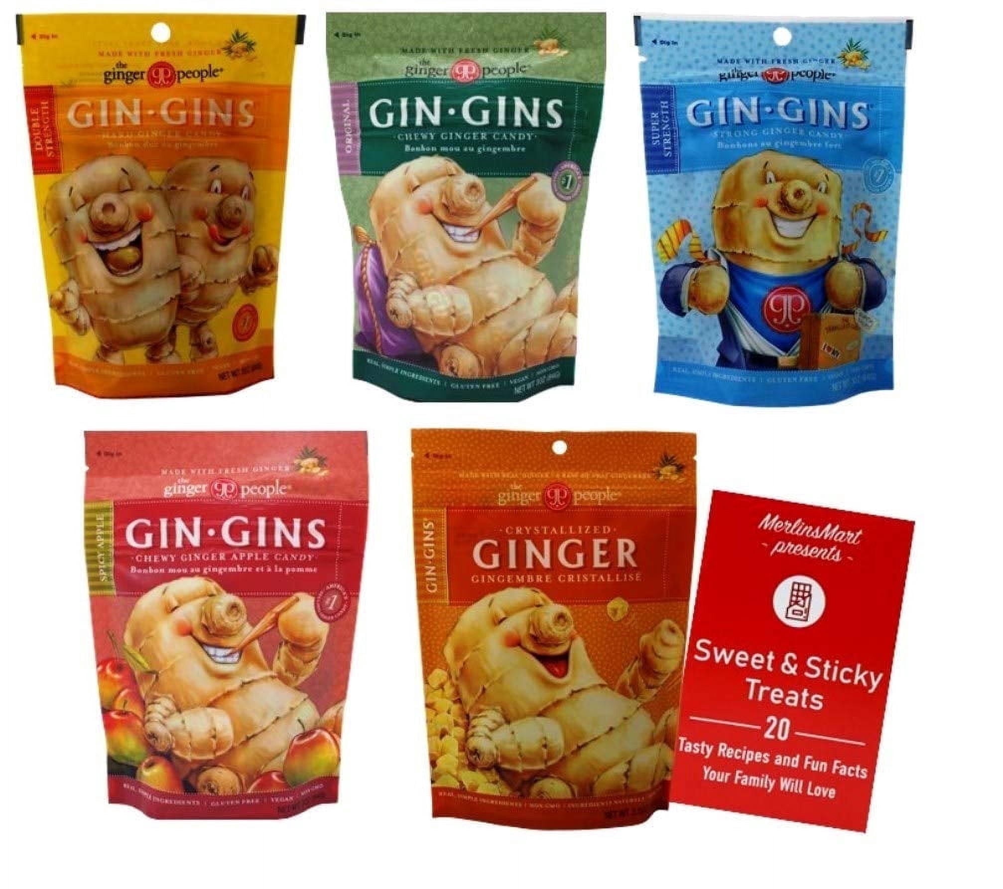 Gin Gins Ginger Chews Candy Variety Pack – Double Strength, Original, Super Strength, Spicy Apple & Crystallized Ginger + MerlinsMart Zine