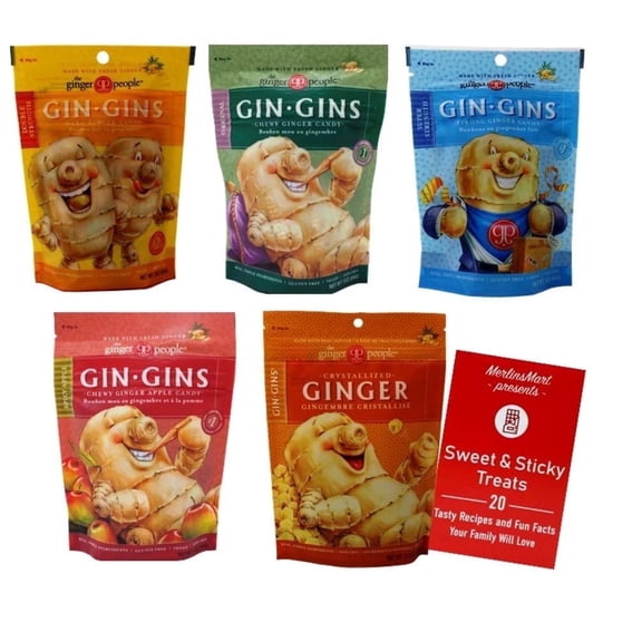 Gin Gins Ginger Chews Candy Variety Pack Double Strength, Original, Super Strength, Spicy Apple & Crystallized Ginger + MerlinsMart Zine