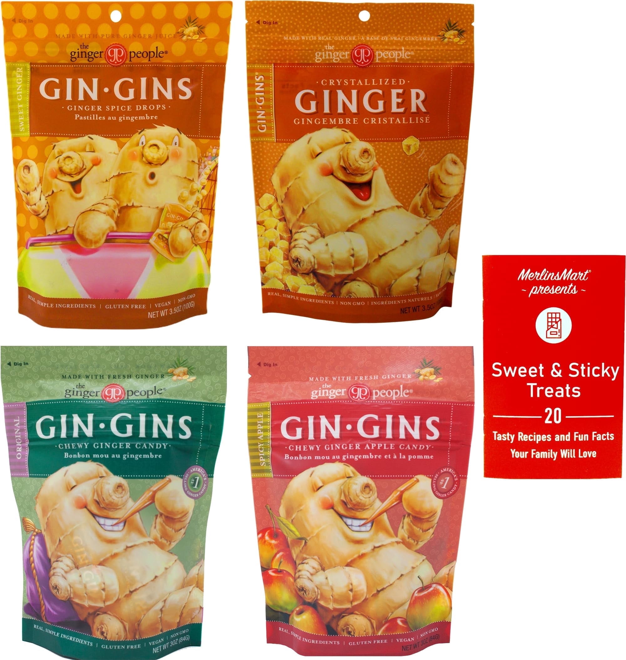 Gin Gins Ginger Chews | Chewy Ginger Candy 4 Flavor Variety (1) Each: Spice Drop, Original, Spicy Apple, Crystallized Ginger + MerlinsMart Zine
