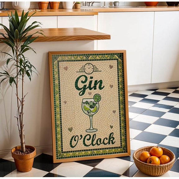 Gin O'Clock Print Bar Cart Print Gin Wall Art Vintage Kitchen Wall Art Mosaic Tile, Unframed Paper Print