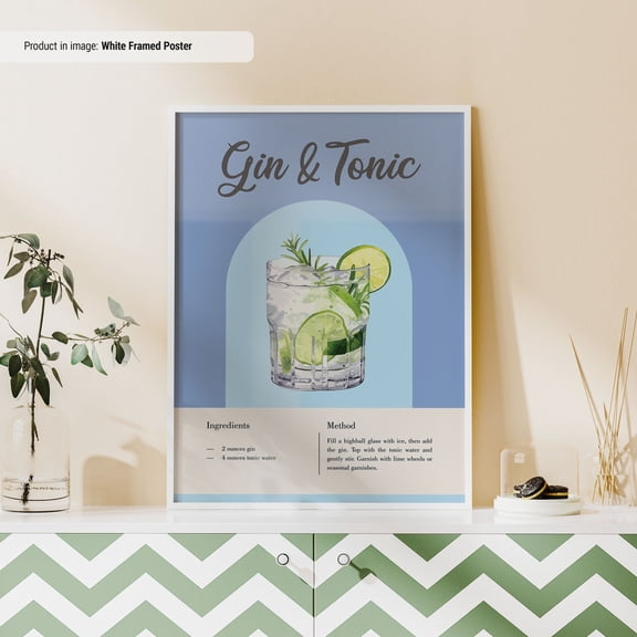 Gin & Tonic Recipe Poster Classic Cocktail Recipes Poster Colorful Cocktail Print Cocktail Posters Bar Cart Wall Art Gin Poster UNFRAMED Poster, 24x36