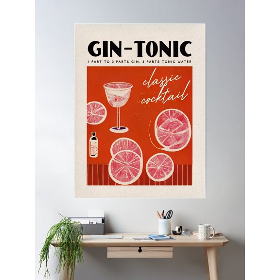 Gin Tonic Retro Cocktail Poster Red Cinema Bar Prints, Vintage Drinks, Recipe, Wall Art Poster Wall Art, Modern Wall Decor For Living Room Bedroom, 24x36 UNFRAMED