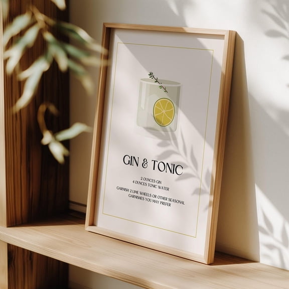 Gin And Tonic Wall Art – Minimalist Cocktail Print With Lime And Herb Garnish, Elegant Modern Bar Decor For Kitchen Or Dining Wall Art, Modern Wall Decor, 8x12 UNFRAMED