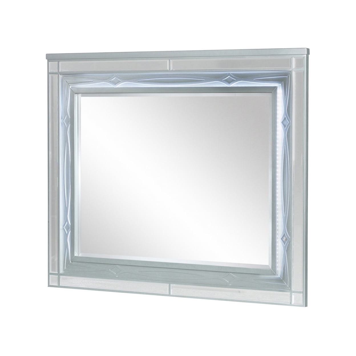 Benjara Gina 49 Inch Modern Mirror, Wood Frame, Built In Blue LED, Metallic Silver