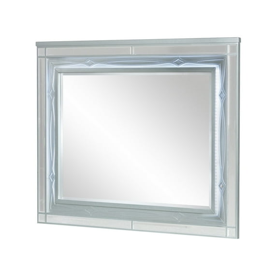 Benjara Gina 49 Inch Modern Mirror, Wood Frame, Built In Blue LED, Metallic Silver