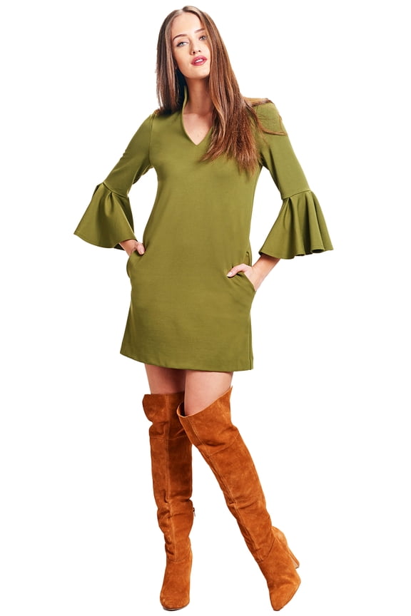 Gina Dress - Women's Bell sleeve shift dress with side slit pockets (olive)