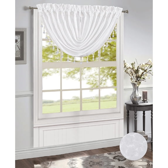 Gina Jacquard Rod Pocket Waterfall Window Valance with Beads, White, 48x37 Inches