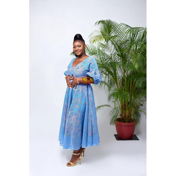 Gina Maxi Flare Buttoned Cluffs Puff Sleeve Dress