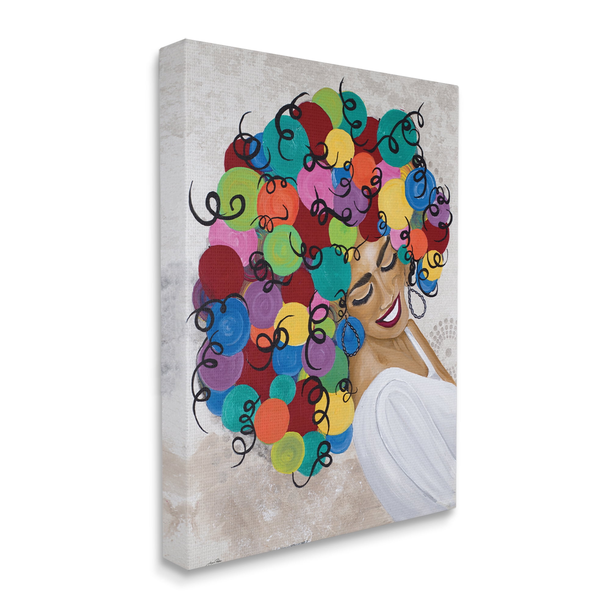 Gina Ritter Smiling Woman With Rainbow Abstract Curly Hair 24 in x 30 in Painting Canvas Art Print, by Stupell Home Décor