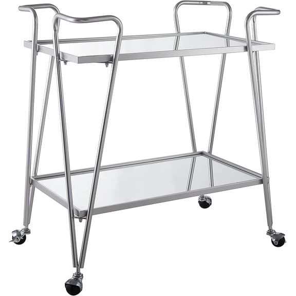 Gina Silver Mid Century Bar Cart with Mirrored Shelves on Locking Castors