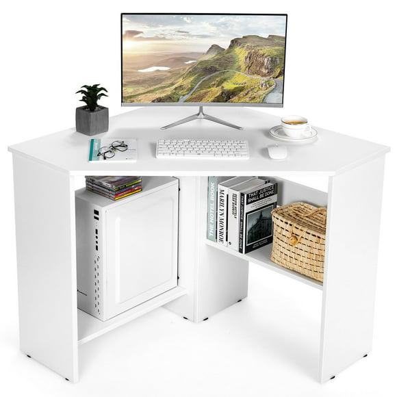 Ginatex Corner Computer Desk, Space-saving Triangular Writing Desk, Multi-functional Console Table for Small Space in Home Office, White