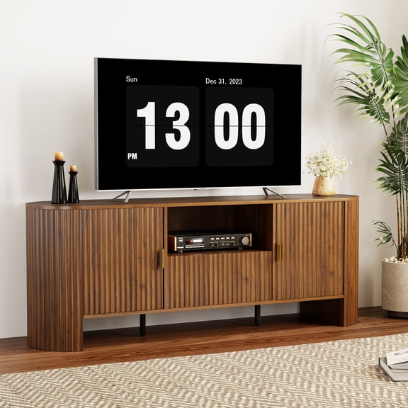 Gineuiia 63" Fluted TV Stand with Drawers for Tvs Up to 65 70 75 80 Inches, Modern Console Table with Storage, Entertainment Center for Living Room, Mid Century Media Console Cabinet, Walnut