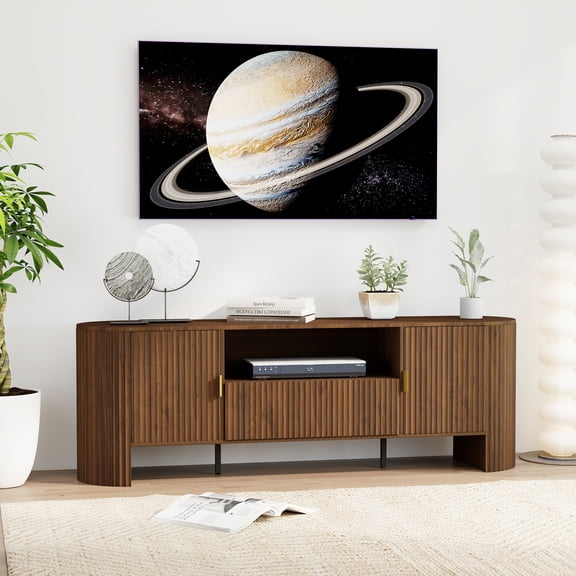 Gineuiia 70" Fluted TV Stand with Drawers for Tvs Up to 65 70 75 80 Inches, Modern Console Table with Storage, Entertainment Center for Living Room, Mid Century Media Console Cabinet, Walnut