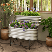 Gineuiia Galvanized Raised Garden Bed 37"x33.1"x28" 2 Planter Garden Boxes Outdoor Metal Patio Kit Planting Bed for Vegetables Flowers Herb Oval Metal Garden Planters Silver