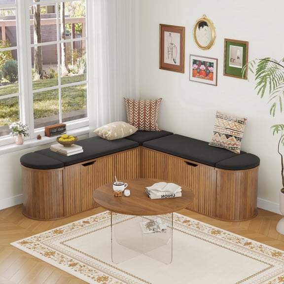 Gineuiia L-Shape Storage Bench with Cushion, Modern Corner Kitchen Table, Breakfast Nook Bench, Window Bench with Storage, Dining Room, Entryway, Living Room, Walnut
