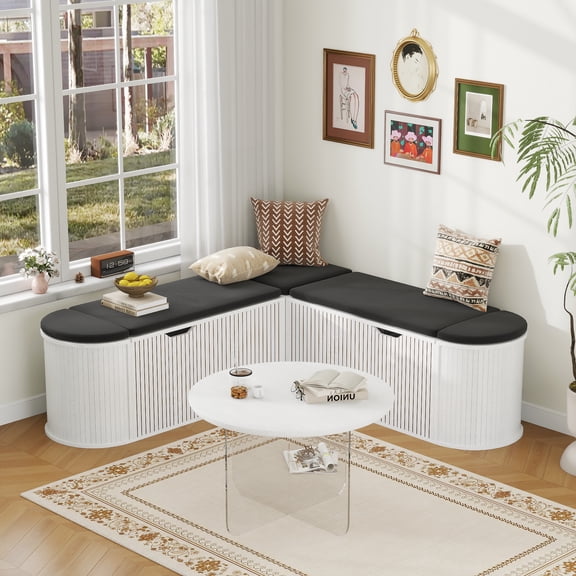 Gineuiia L-Shape Storage Bench with Cushion, Modern Corner Kitchen Table, Breakfast Nook Bench, Window Bench with Storage, Dining Room, Entryway, Living Room, White