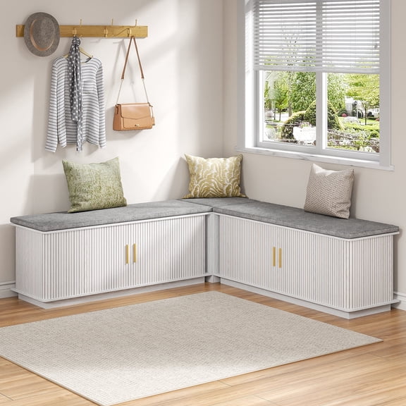 Gineuiia L-Shape Storage Bench with Cushion Backless Corner Dining Bench with Storage Kitchen Breakfast Nook Bench Storage Bench for Entryway White