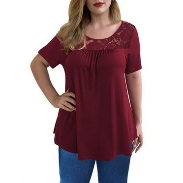 GingDin Women's Plus Size Casual Top Short Sleeve Crew Neck Lace Pleated Blouses m-4xl