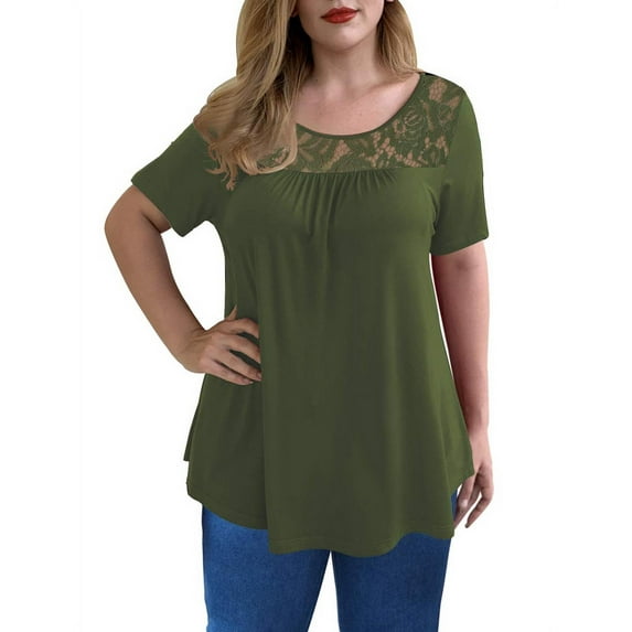 GingDin Women's Plus Size Casual Top Short Sleeve Crew Neck Lace Pleated Blouses m-4xl