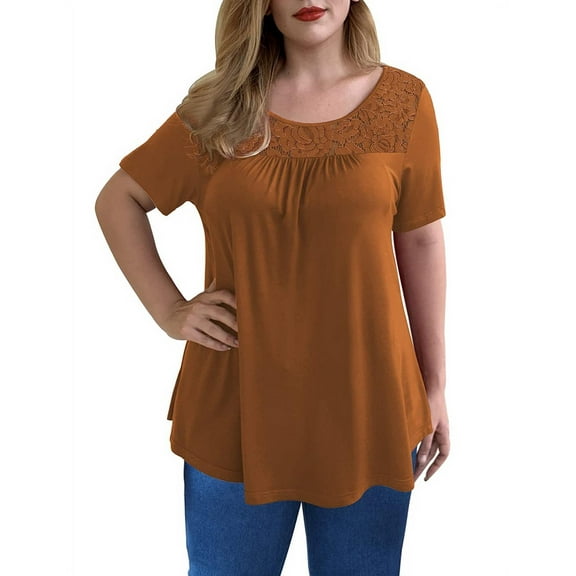 GingDin Women's Plus Size Casual Top Short Sleeve Crew Neck Lace Pleated Blouses m-4xl