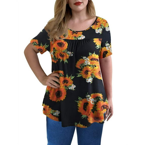 GingDin Women's Plus Size Casual Top Short Sleeve Crew Neck Lace Pleated Blouses m-4xl