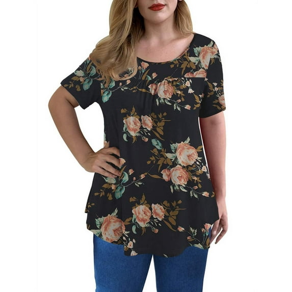 GingDin Women's Plus Size Casual Top Short Sleeve Crew Neck Lace Pleated Blouses m-4xl