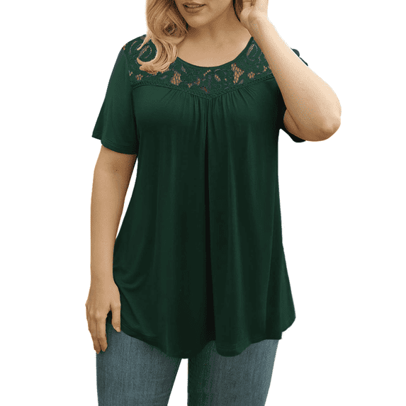 GingDin Women's Plus Size Henley Shirts Short Sleeve Lace Pleated Loose Tunic Tops M-4XL