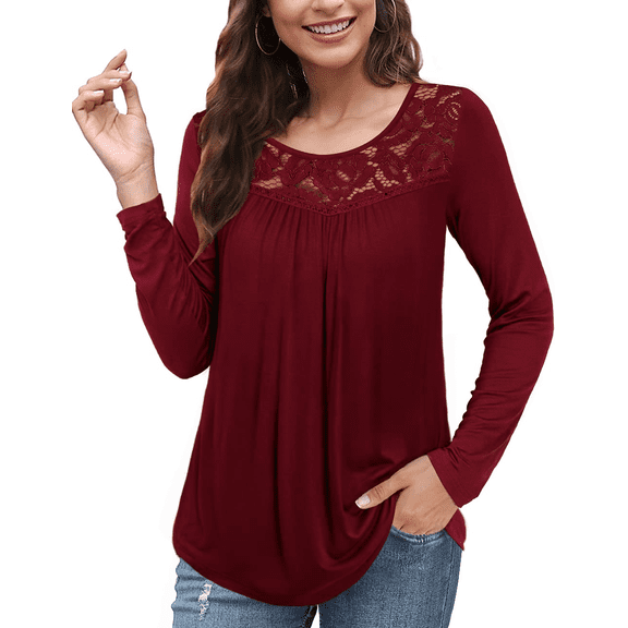 GingDin Women's Plus Size Long Sleeve Shirts Round Neck Lace Pleated Tunic Tops M-4XL