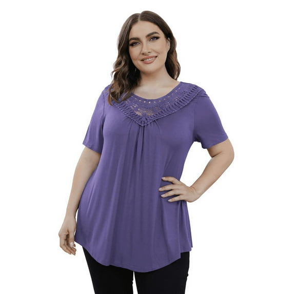 GingDin Women's Plus Size Summer Tops Short Sleeve Lace Pleated Blouses Tunic Tops m-4xl