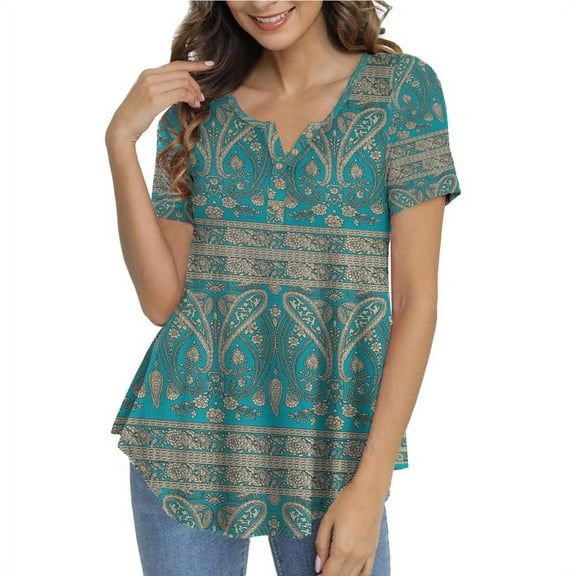 GingDin Women's Plus Size Tops Henley V Neck Button T Shirt Floral Casual Blouse m-4xl