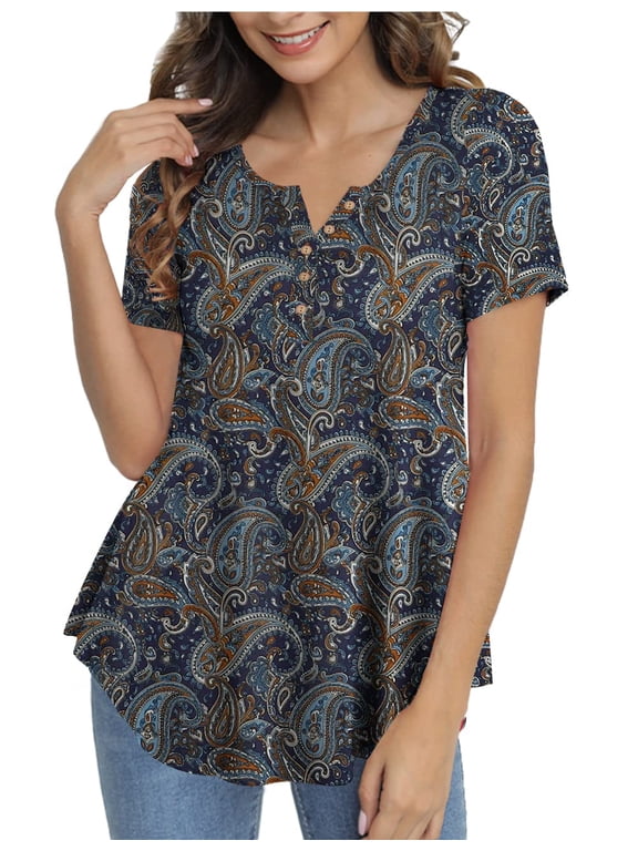 Women's Plus Size Tops Henley V Neck Button T Shirt Floral Casual Blouse m-4xl