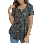 GingDin Women's Plus Size Tops Henley V Neck Button T Shirt Floral Casual Blouse m-4xl