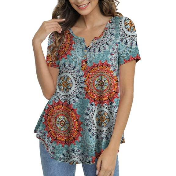 GingDin Women's Plus Size Tops Henley V Neck Button T Shirt Floral Casual Blouse m-4xl