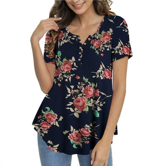 GingDin Women's Plus Size Tops Henley V Neck Button T Shirt Floral Casual Blouse m-4xl