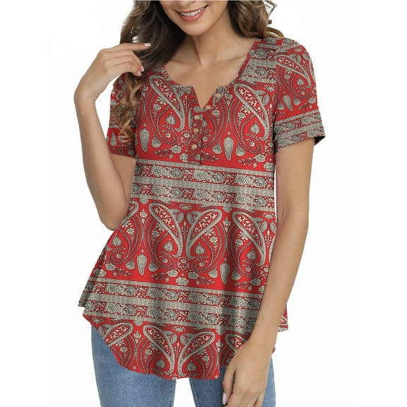 GingDin Women's Plus Size Tops Henley V Neck Button T Shirt Floral Casual Blouse m-4xl