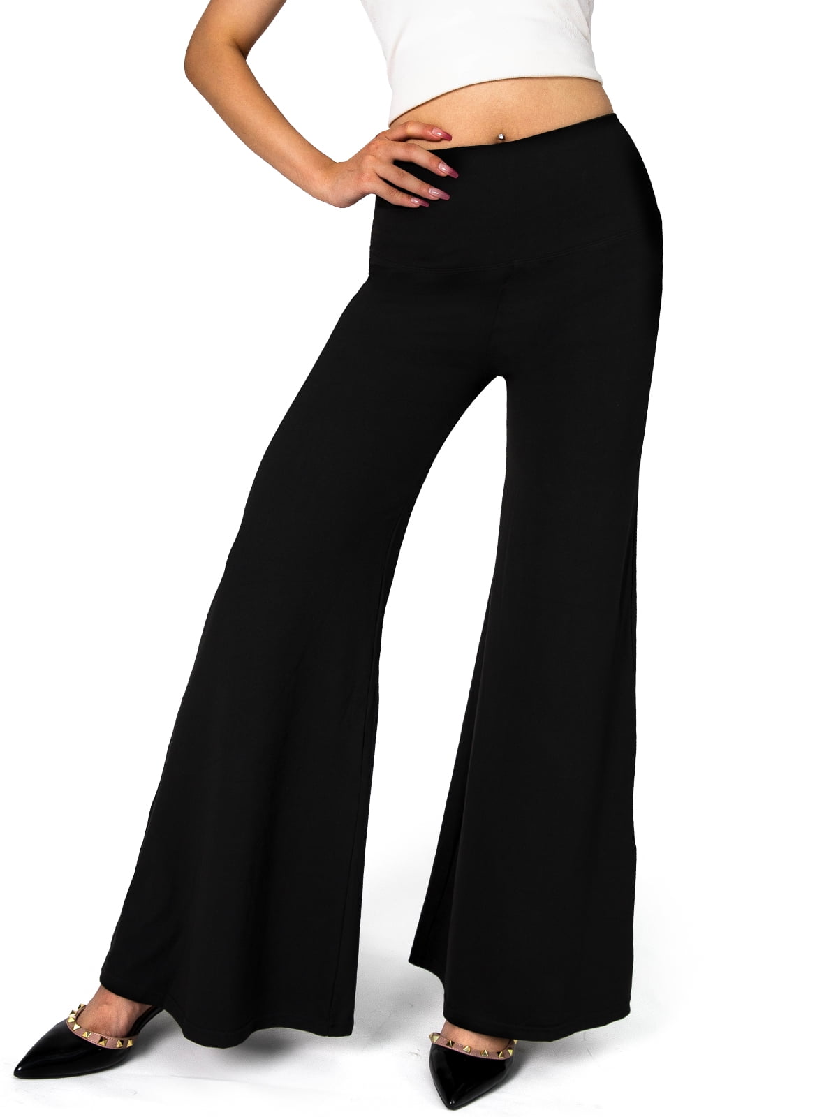 RQYYD Women's Boho Floral Printed Casual Yoga Pants Palazzo Side Split Wide  Leg Harem Flowy Trousers Black M 