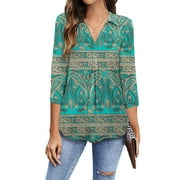 GingDin Womens Plus Size Shirts V Neck 3/4 Sleeve Shirts Business Casual Tops Loose Work Blouses