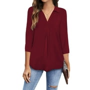 GingDin Womens Plus Size Shirts V Neck 3/4 Sleeve Shirts Business Casual Tops Loose Work Blouses