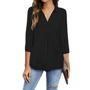GingDin Womens Plus Size Shirts V Neck 3/4 Sleeve Shirts Business Casual Tops Loose Work Blouses