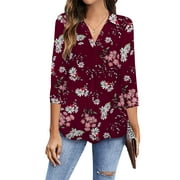 GingDin Womens Plus Size Shirts V Neck 3/4 Sleeve Shirts Business Casual Tops Loose Work Blouses