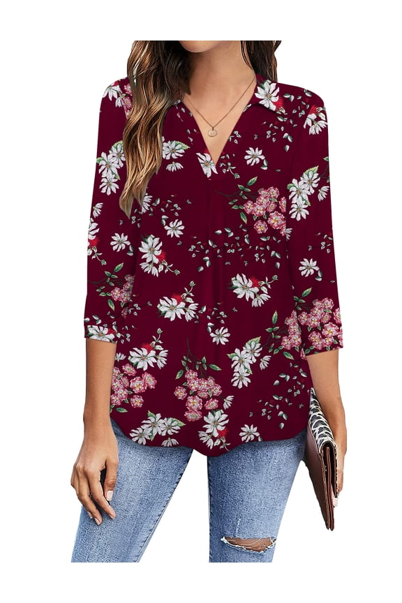 Womens Plus Size Shirts V Neck 3/4 Sleeve Shirts Business Casual Tops Loose Work Blouses