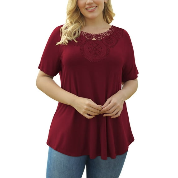 GingDinWomens Plus Size Tunic Tops Short Sleeve Lace Pleated Shirts Blouses M-4X