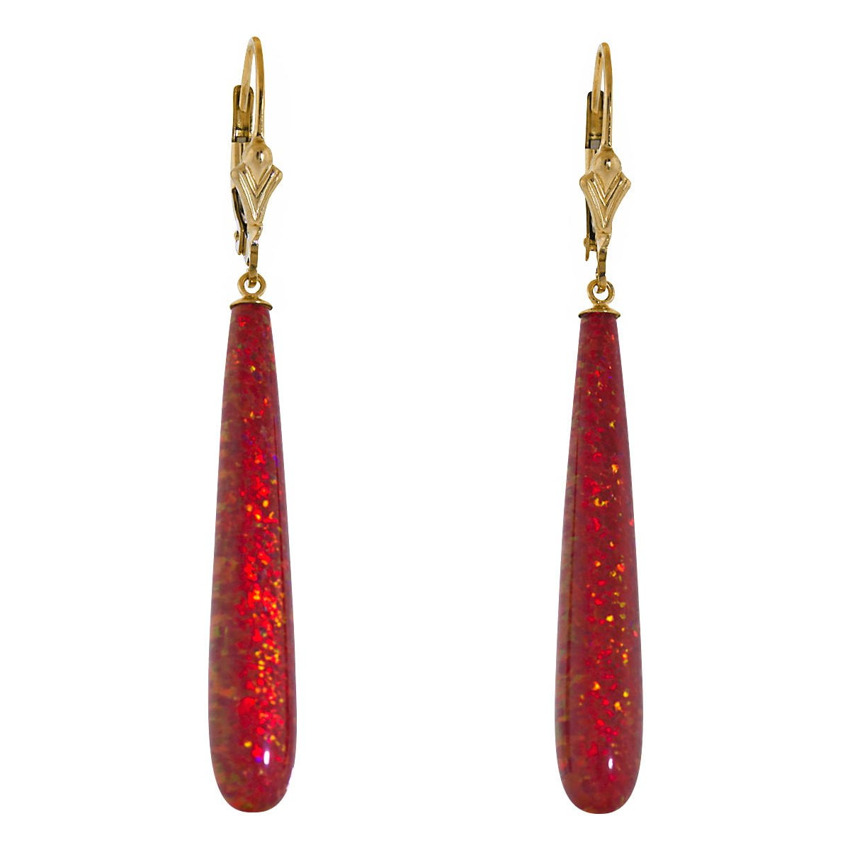 Ginger: 35mm Flame Red Synthetic Opal Teardrop Lever Back Earrings 14-20 Gold Filled