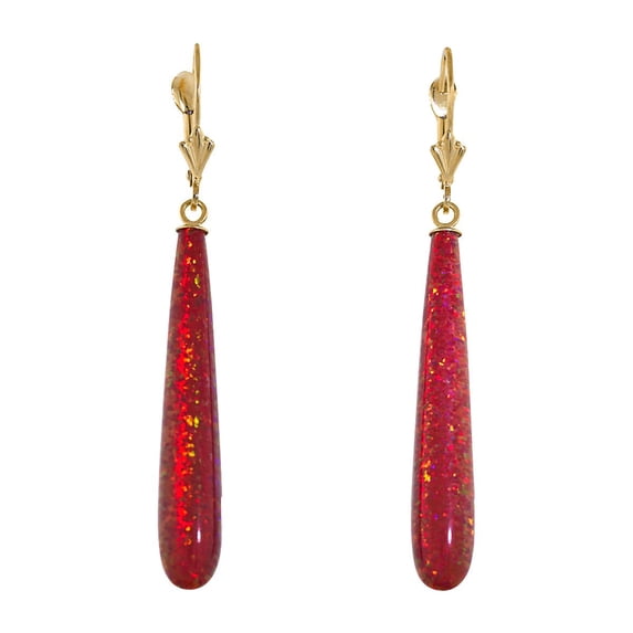 Ginger: 35mm Flame Red Synthetic Opal Teardrop Lever Back Earrings 14K Yellow Gold