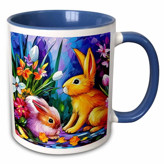 3drose, Ginger and Pink Easter Bunnies in the Spring Garden. Snowdrop Flowers, 15oz Two-tone Blue Mug