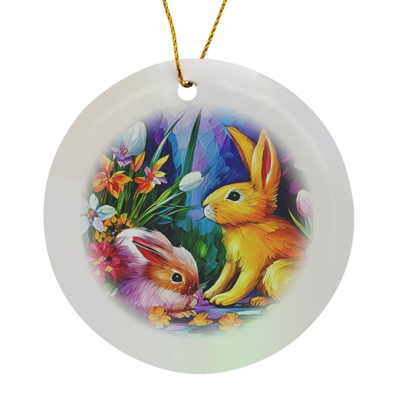 3drose, Ginger and Pink Easter Bunnies in the Spring Garden. Snowdrop Flowers, Circle Porcelain Ornament