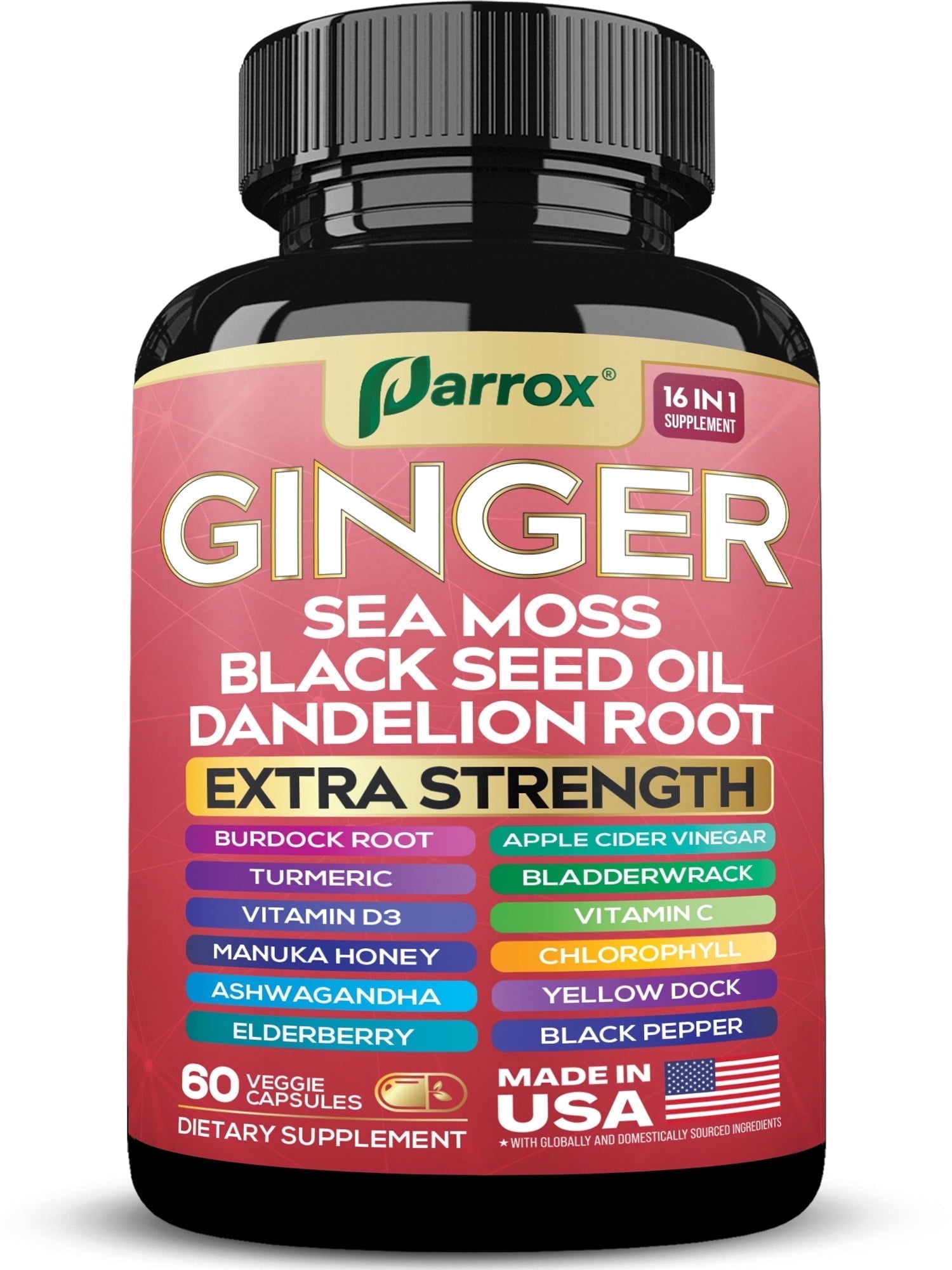 Ginger Black Seed Oil Ashwagandha Turmeric Bladderwrack Burdock Sea Moss Vitamin C Vitamin D3 Elderberry Manuka Honey Dandelion Yellow Dock Chlorophyll ACV Apple Cider Vinegar – 60 Capsules