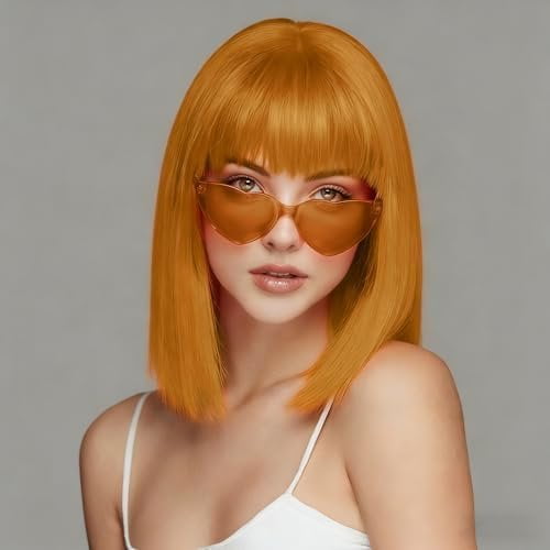 Ginger Bob Wig with Bangs-Short Orange Straight Bob Wigs for Women,12 Inch Lenght Heat Resistant Synthetic Hair for Daily Party Use