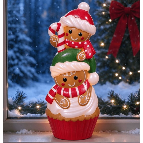 Ginger Boy Cupcake Blow Mold Light Christmas Gingerbread Man Stacked Figurine with Warm LED Lights Holiday Indoor Tabletop Decoration for Home Mantel Shelf